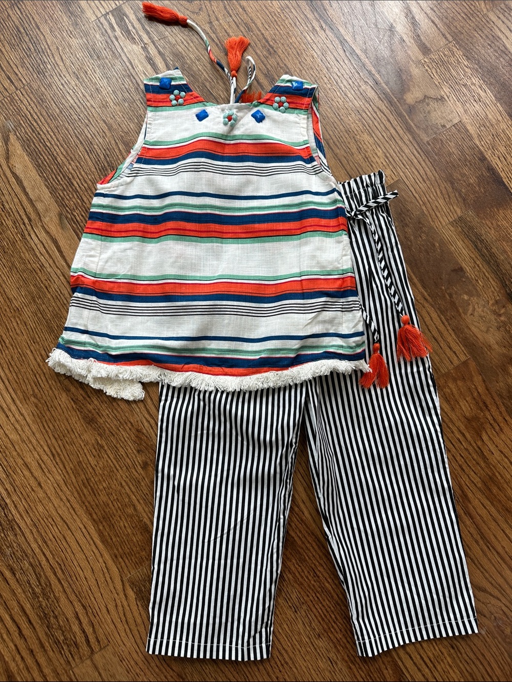 Rare Editions Striped Multicolor Tank & Black White Striped Pants Set
